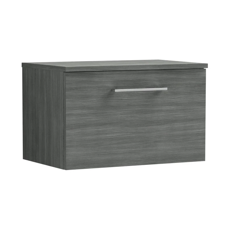 Nuie Arno 600mm Wall Hung 1 Drawer Vanity & Worktop Contemporary Anthracite Woodgrain MFC Textured Woodgrain 377x605x390mm