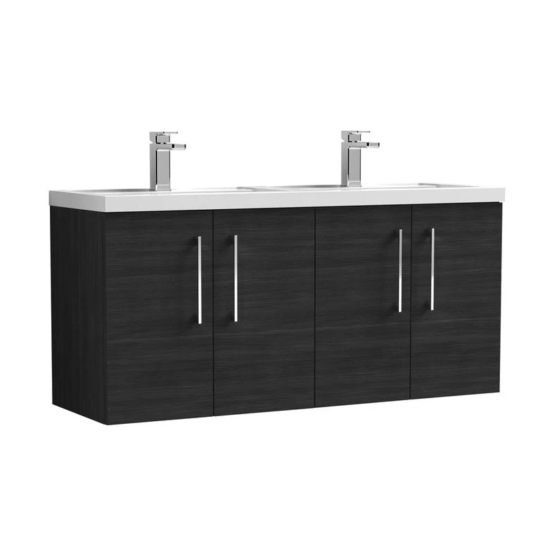 Nuie Arno 1200mm Wall Hung 4 Door Vanity & Double Basin Contemporary Charcoal Black MFC Textured Woodgrain 580x1205x383mm