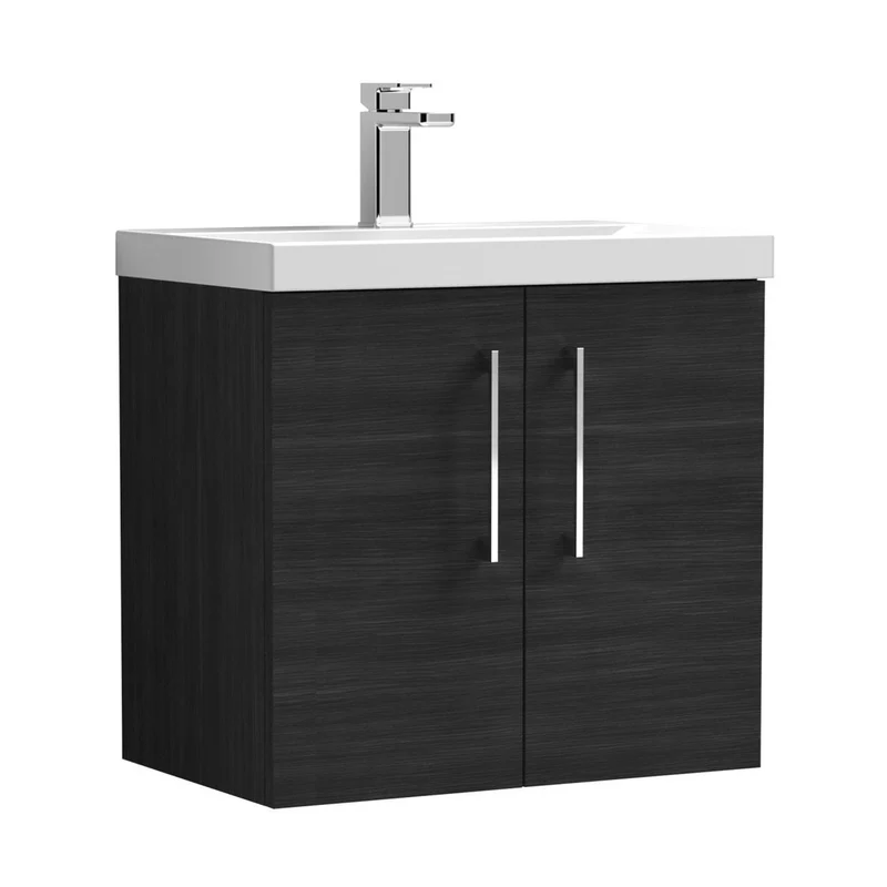 Nuie Arno 600mm Wall Hung 2 Door Vanity & Basin 3 Contemporary Charcoal Black MFC Textured Woodgrain 589x610x395mm
