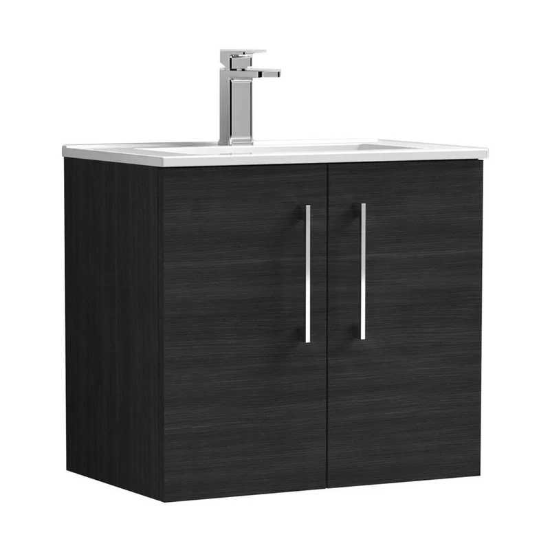 Nuie Arno 600mm Wall Hung 2 Door Vanity & Basin 2 Contemporary Charcoal Black MFC Textured Woodgrain 557x600x390mm