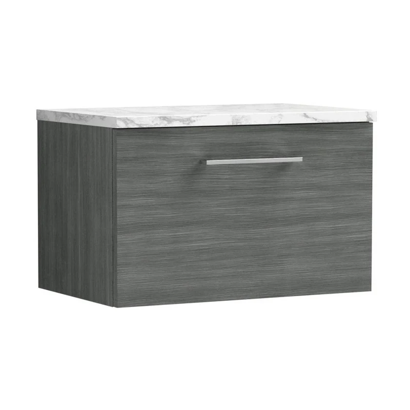 Nuie Arno 600mm Wall Hung 1-drawer Vanity & Laminate Worktop Contemporary Anthracite Woodgrain MFC Textured Woodgrain 381x605x390mm