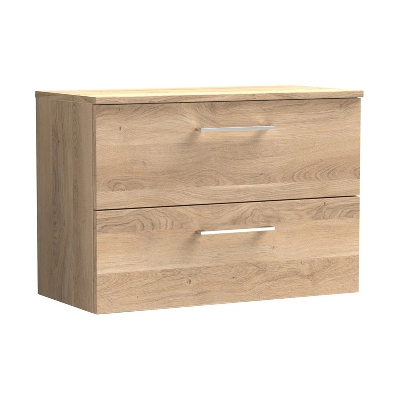 Nuie Arno 800mm Wall Hung 2-drawer Vanity & Worktop Contemporary Bleached Oak MFC Textured Woodgrain 558x805x390mm
