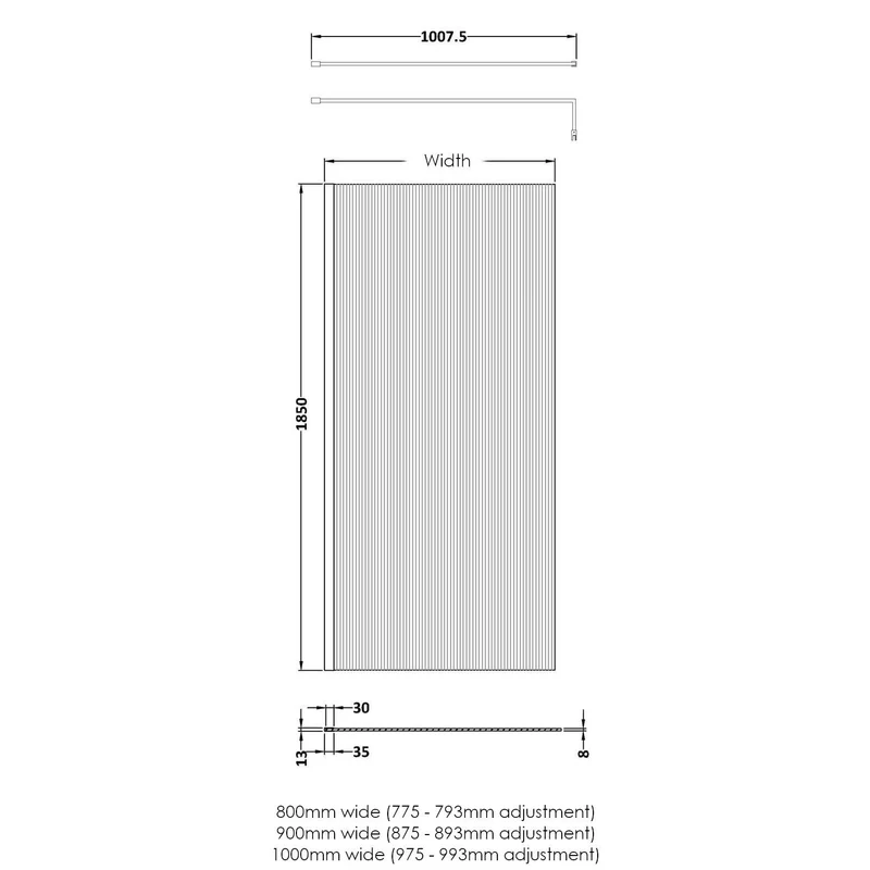Nuie Fluted 8mm Wetroom Screen 2 Panel Pack (1850mm High) - Brushed Brass