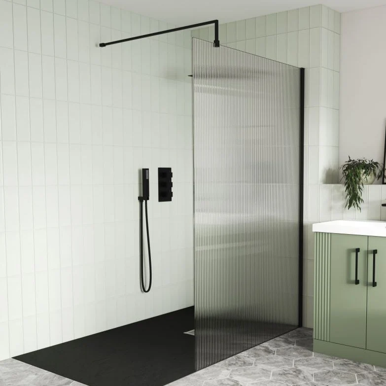 Nuie Fluted 8mm Wetroom Screen & Support Bar (1850mm High) - Matt Black