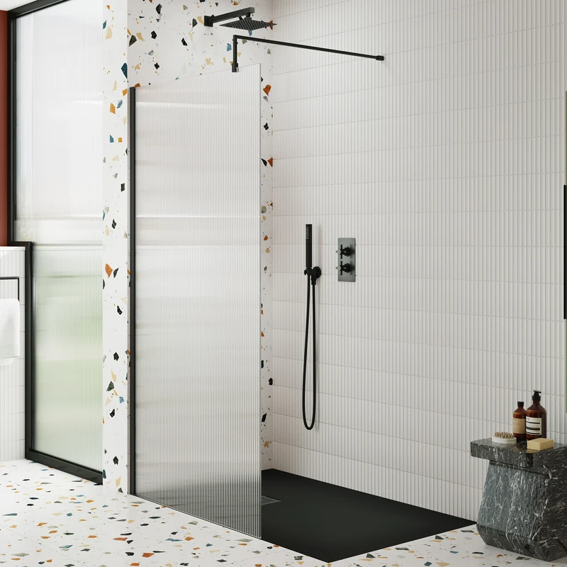 Nuie Fluted 8mm Wetroom Screen & Support Bar (1850mm High) - Matt Black