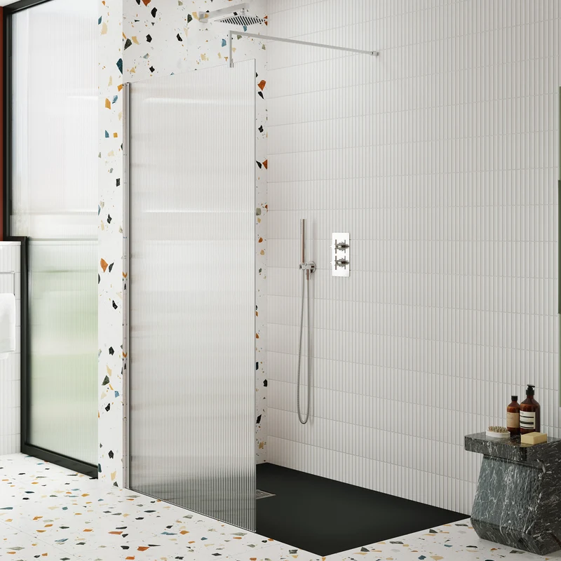 Nuie Fluted 8mm Wetroom Screen & Support Bar (1850mm High) - Chrome