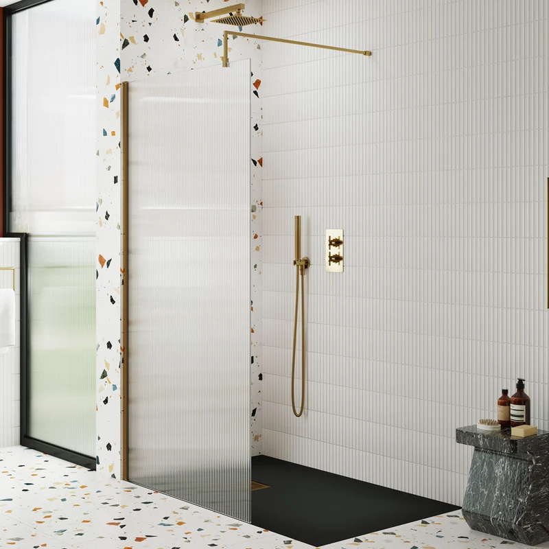 Nuie Fluted 8mm Wetroom Screen & Support Bar (1850mm High) - Brushed Brass