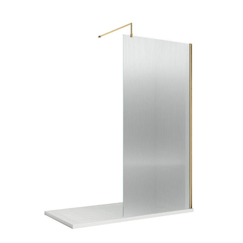 Nuie Fluted 8mm Wetroom Screen & Support Bar (1850mm High) - Brushed Brass