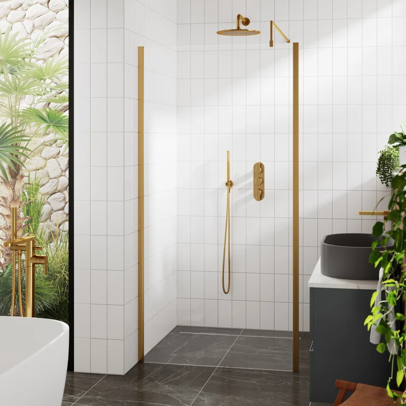 Nuie Outer Frame 8mm Wetroom Screen & Support Bar (1850mm High) - Brushed Brass