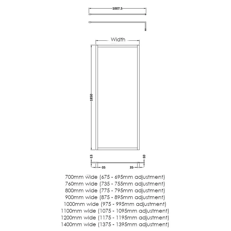 Nuie Full Outer Frame Wetroom Screen & Support Bar (1850mm High) - Brushed Brass