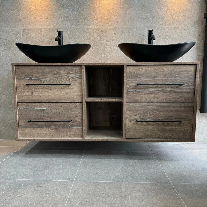 Josef Martin 1400mm Remo Wall Hung Double Vanity Unit & Worktop - Pewter Oak