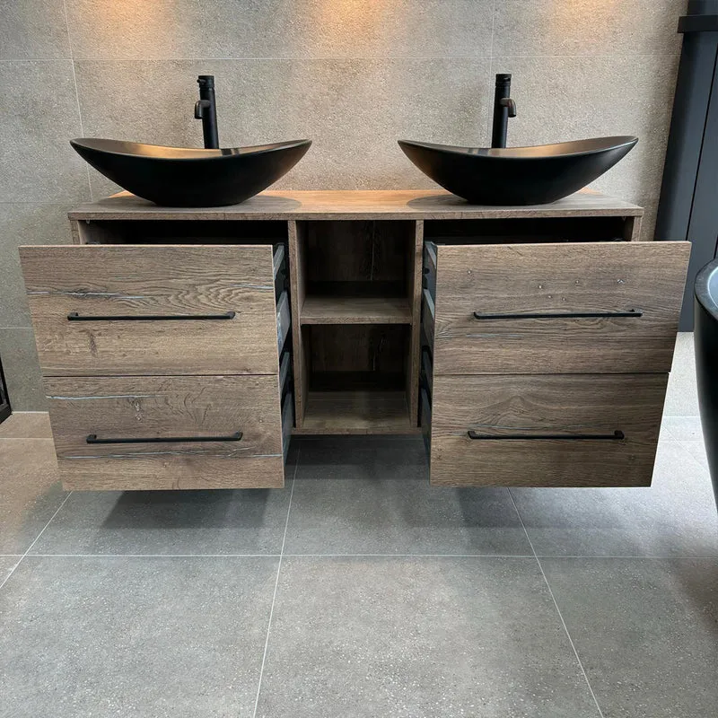 Josef Martin 1400mm Remo Wall Hung Double Vanity Unit & Worktop - Pewter Oak