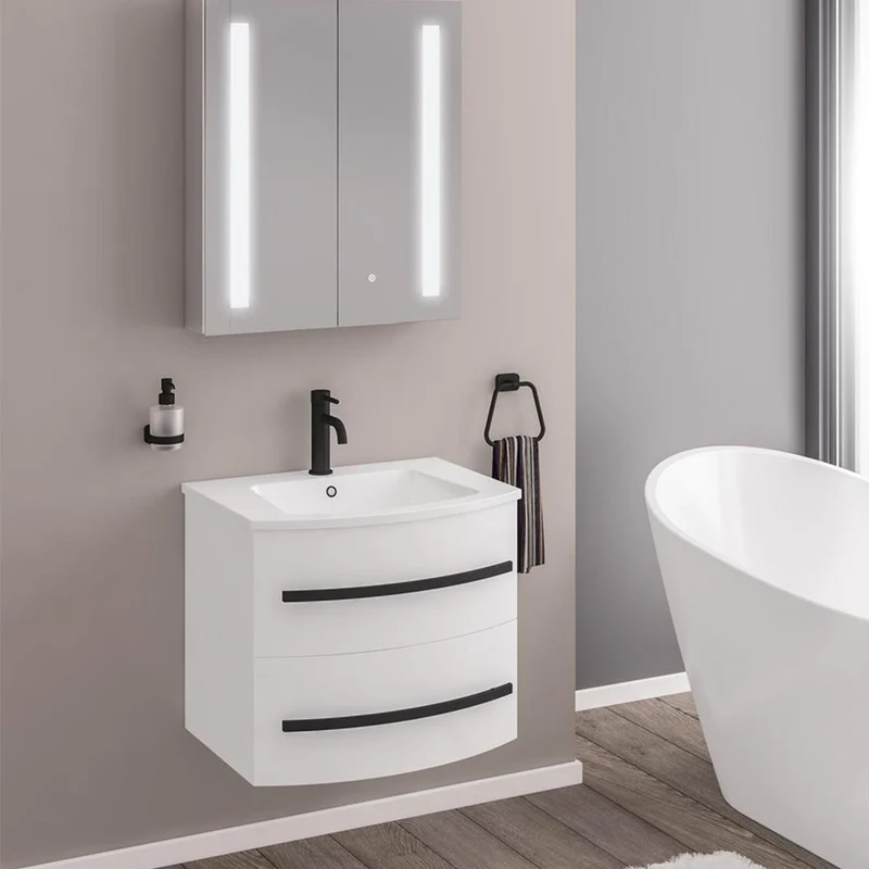 Centa 600mm Curved Wall Hung Vanity Unit and Basin (Excludes Handles) - High Gloss White