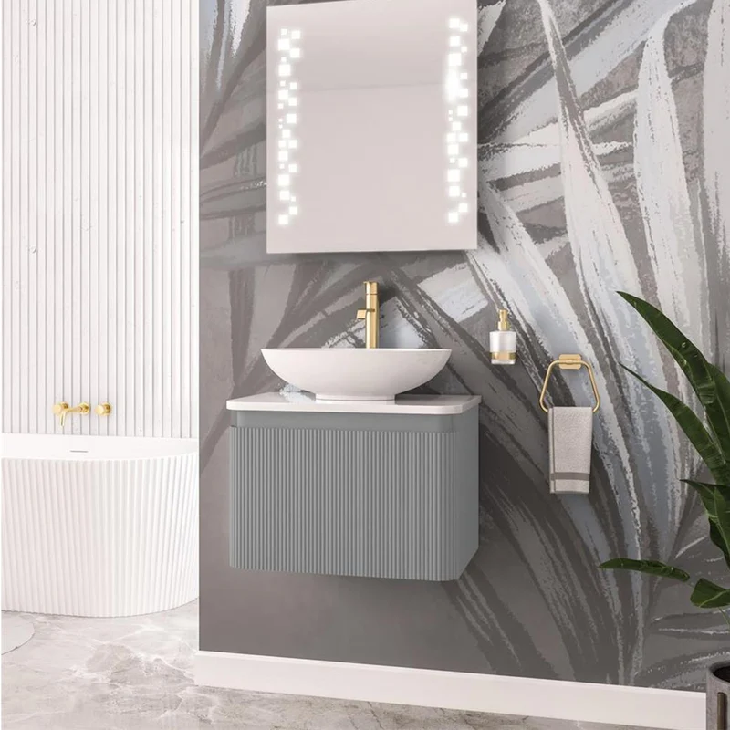 Belice Fluted 600mm Wall Hung Vanity Unit and White Stone Top - Grey