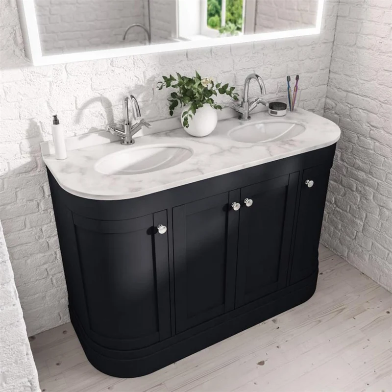 Hardwick Curved 1200mm Floor Standing Vanity Unit, Quartz Worktop and Double Basin - Matt Anthracite