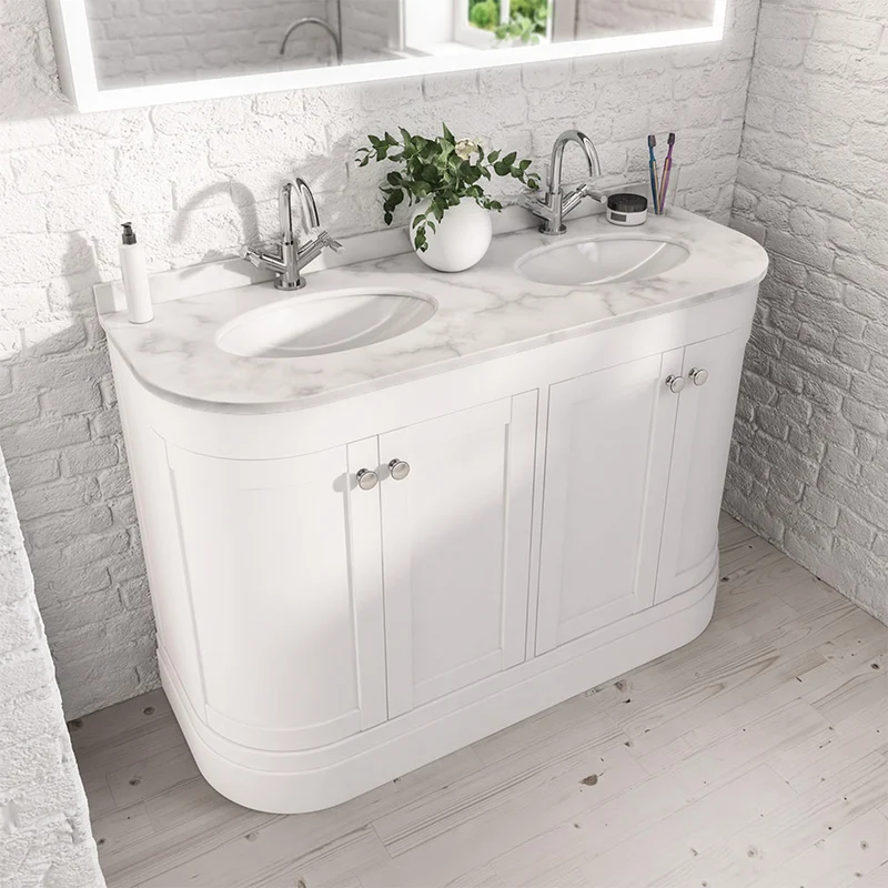 Hardwick Curved 1200mm Floor Standing Vanity Unit, Quartz Worktop and Double Basin - Matt White