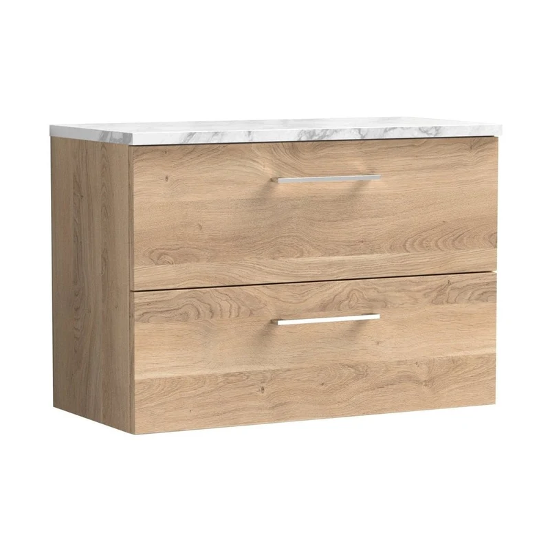 Nuie Arno 800mm Wall Hung 2-drawer Vanity & Laminate Worktop Contemporary Bleached Oak MFC Textured Woodgrain 562x805x390mm - ARN3026LCM