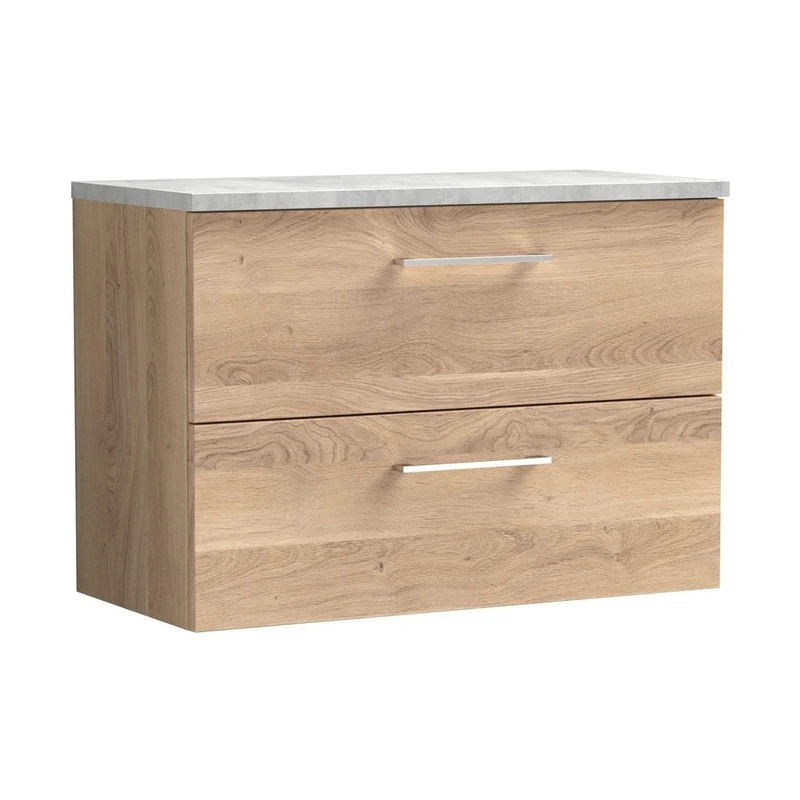 Nuie Arno 800mm Wall Hung 2-drawer Vanity & Laminate Worktop Contemporary Bleached Oak MFC Textured Woodgrain 562x805x390mm - ARN3026LBG