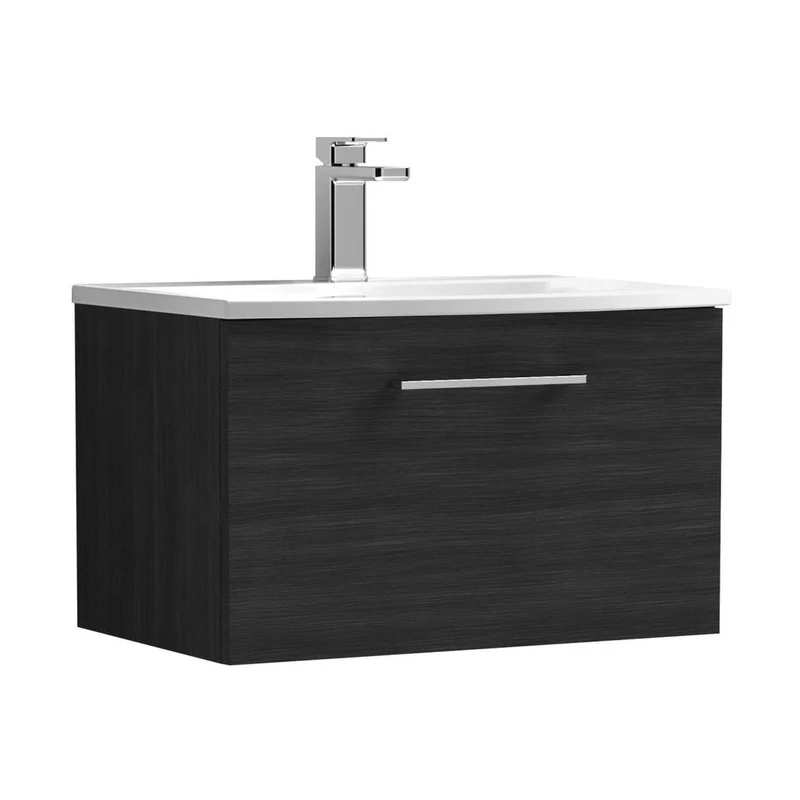 Nuie Arno 600mm Wall Hung 1 Drawer Vanity & Basin 4 Contemporary Charcoal Black MFC Textured Woodgrain 389x610x440mm
