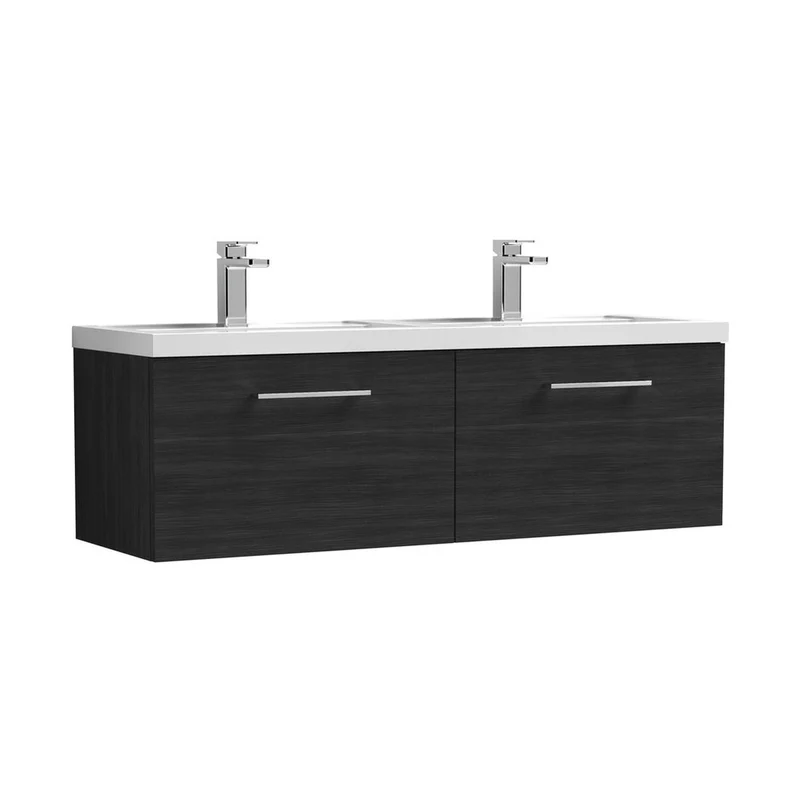 Nuie Arno 1200mm Wall Hung 2 Drawer Vanity & Double Basin Contemporary Charcoal Black MFC Textured Woodgrain 399x1205x383mm