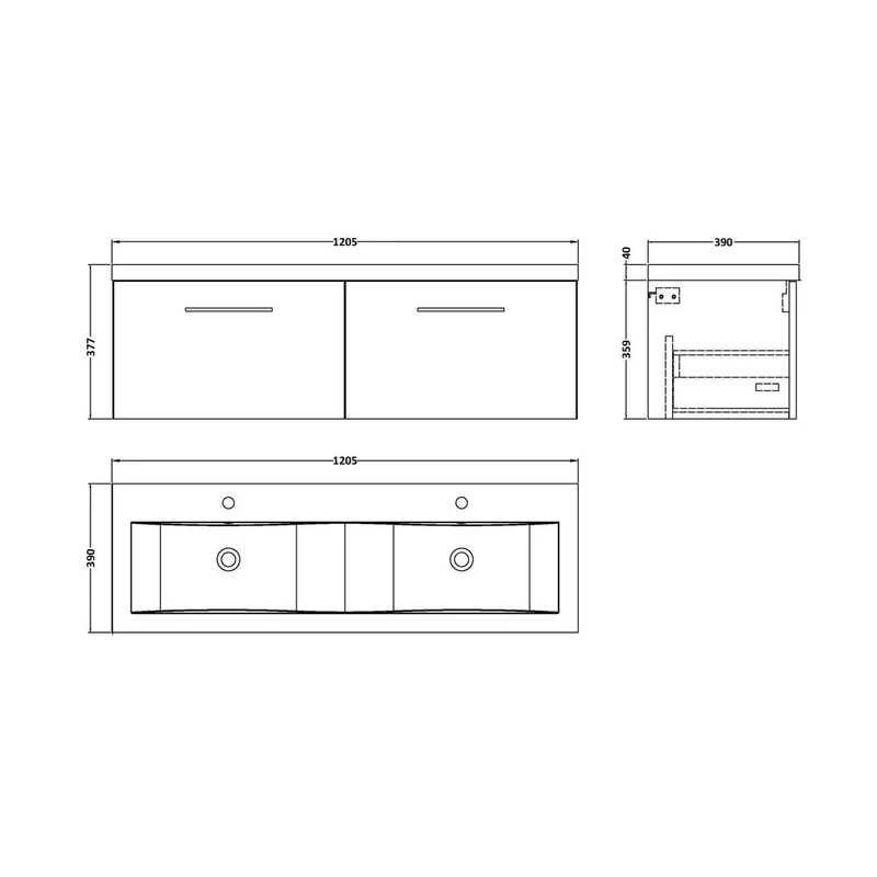Nuie Arno 1200mm Wall Hung 2 Drawer Vanity & Double Basin Contemporary Charcoal Black MFC Textured Woodgrain 399x1205x383mm