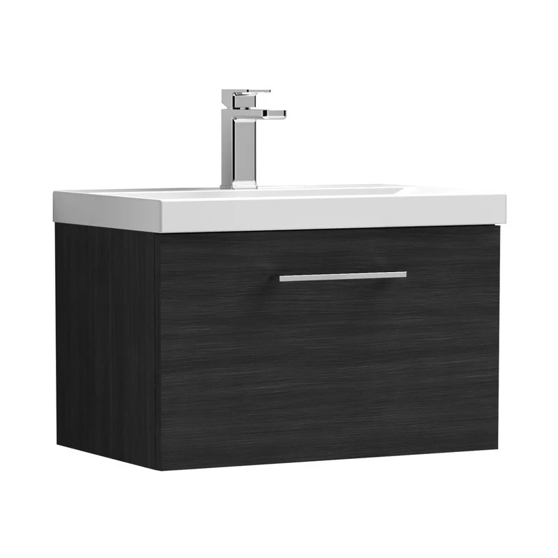Nuie Arno 600mm Wall Hung 1 Drawer Vanity & Basin 3 Contemporary Charcoal Black MFC Textured Woodgrain 409x610x395mm