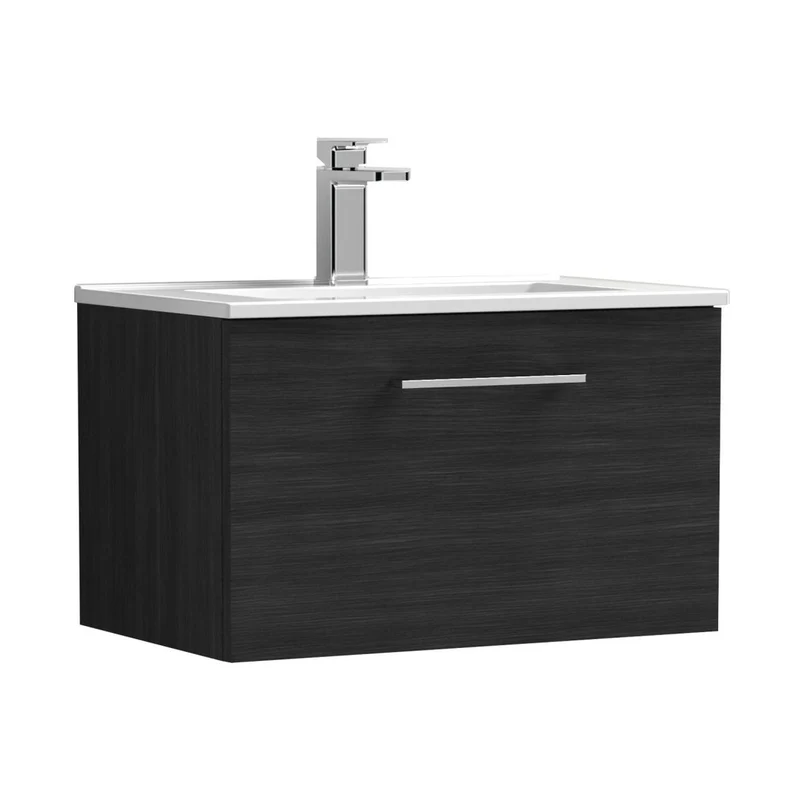 Nuie Arno 600mm Wall Hung 1 Drawer Vanity & Basin 2 Contemporary Charcoal Black MFC Textured Woodgrain 377x600x390mm