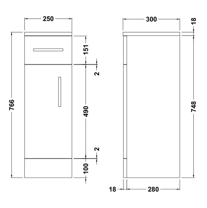 Nuie Mayford 766 x 250 x 300mm Floor Standing Cupboard With 1 Door & 1 Drawer - Gloss White