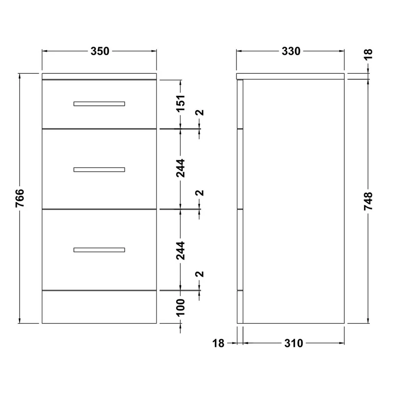 Nuie Mayford 766 x 350 x 330mm Floor Standing 3 Drawer Unit - Gloss White