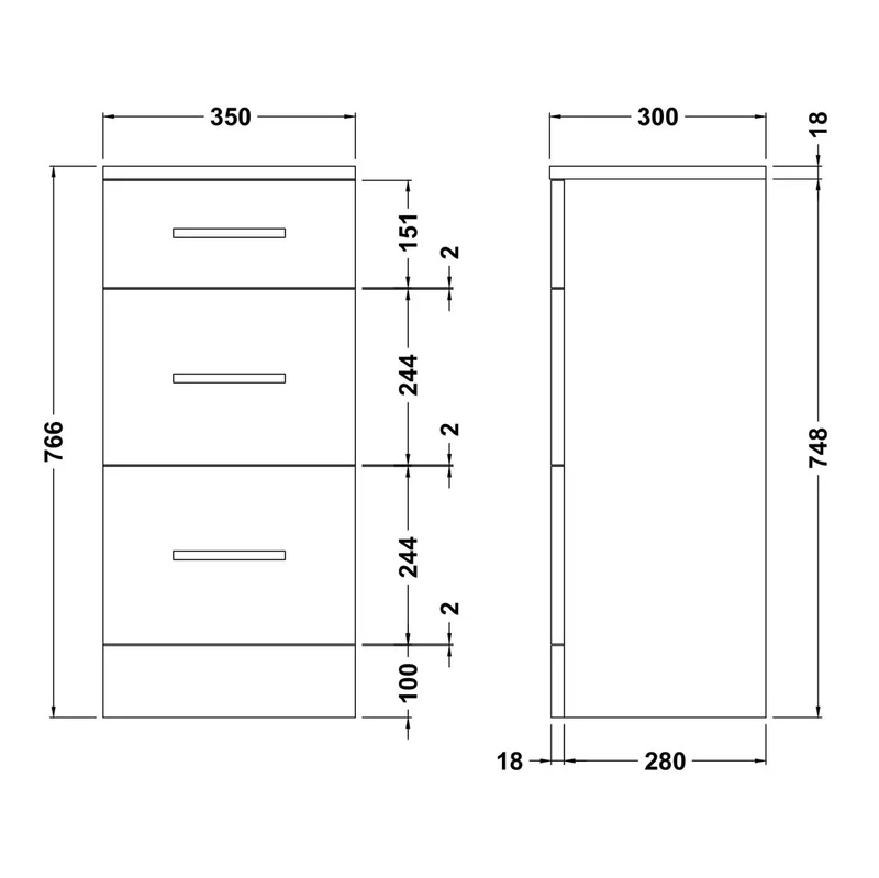 Nuie Mayford 766 x 350 x 300mm Floor Standing 3 Drawer Unit - Gloss White