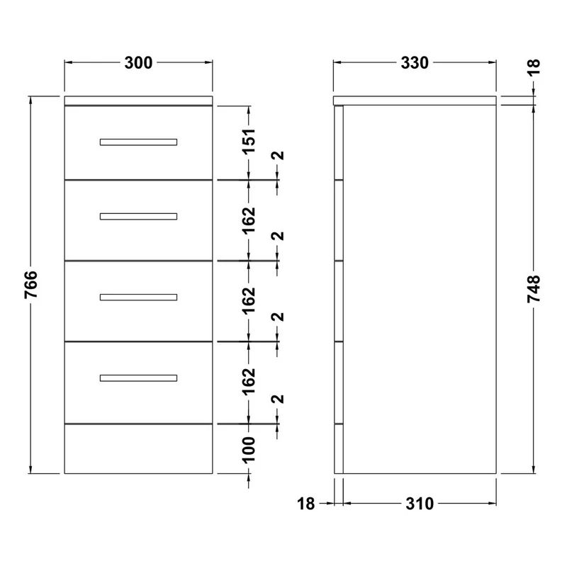Nuie Mayford 766 x 300 x 330mm Floor Standing 4 Drawer Unit - Gloss White