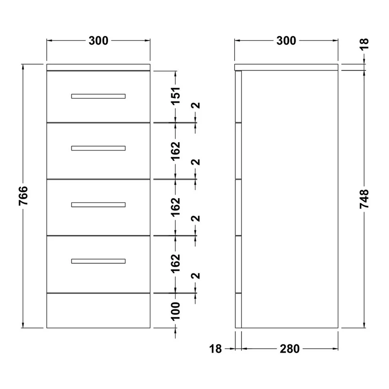 Nuie Mayford 766 x 300 x 300mm Floor Standing 4 Drawer Unit - Gloss White