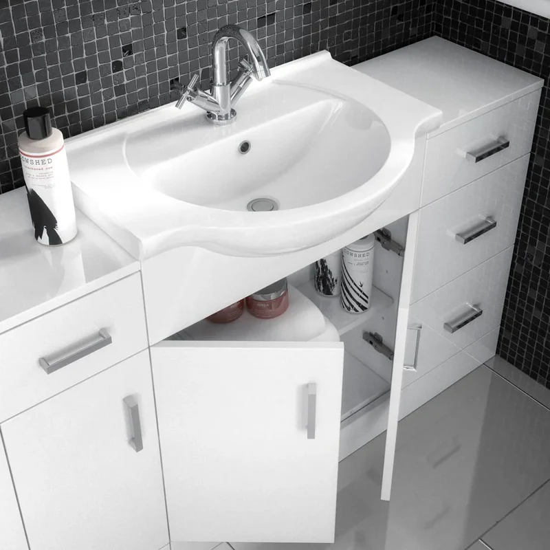 Nuie Mayford 1200 x 330mm Floor Standing Vanity Unit With 3 Doors, 3 Drawers & Ceramic Basin - Gloss White
