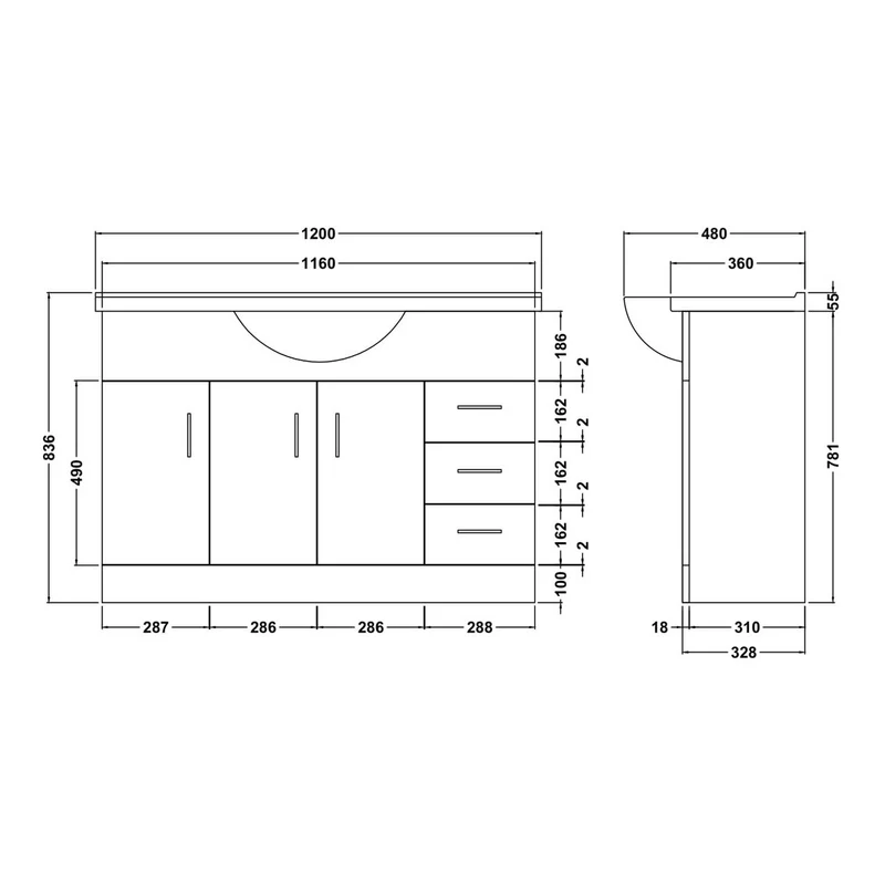 Nuie Mayford 1200 x 330mm Floor Standing Vanity Unit With 3 Doors, 3 Drawers & Ceramic Basin - Gloss White