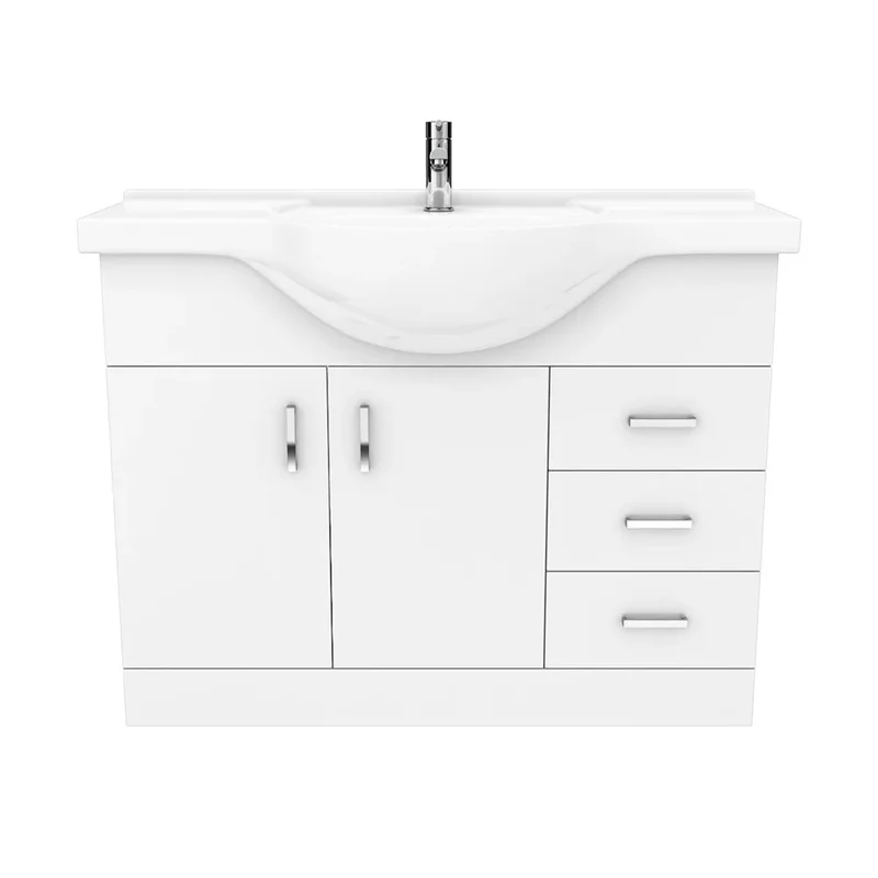 Nuie Mayford 1050 x 330mm Floor Standing Vanity Unit With 2 Doors, 3 Drawers & Ceramic Basin - Gloss White