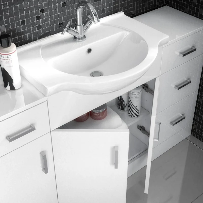 Nuie Mayford 1050 x 330mm Floor Standing Vanity Unit With 2 Doors, 3 Drawers & Ceramic Basin - Gloss White