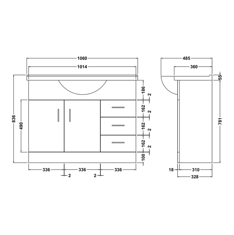 Nuie Mayford 1050 x 330mm Floor Standing Vanity Unit With 2 Doors, 3 Drawers & Ceramic Basin - Gloss White