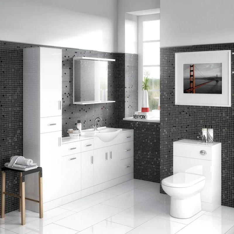 Nuie Mayford 850 x 330mm Floor Standing Vanity Unit With 3 Doors, 2 Drawers & Ceramic Basin - Gloss White