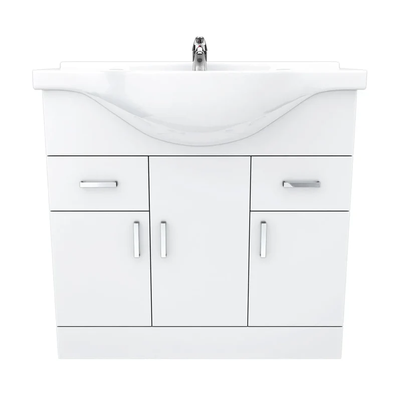Nuie Mayford 850 x 330mm Floor Standing Vanity Unit With 3 Doors, 2 Drawers & Ceramic Basin - Gloss White