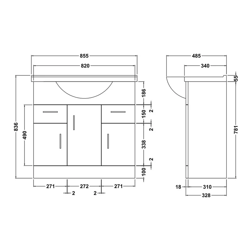 Nuie Mayford 850 x 330mm Floor Standing Vanity Unit With 3 Doors, 2 Drawers & Ceramic Basin - Gloss White