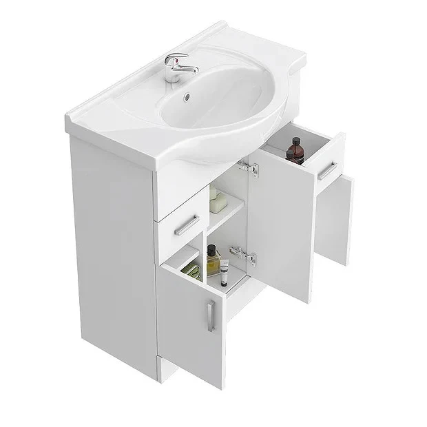 Nuie Mayford 750 x 330mm Floor Standing Vanity Unit With 3 Doors, 2 Drawers & Ceramic Basin - Gloss White