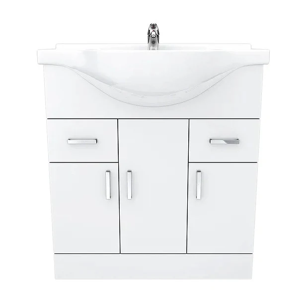Nuie Mayford 750 x 330mm Floor Standing Vanity Unit With 3 Doors, 2 Drawers & Ceramic Basin - Gloss White