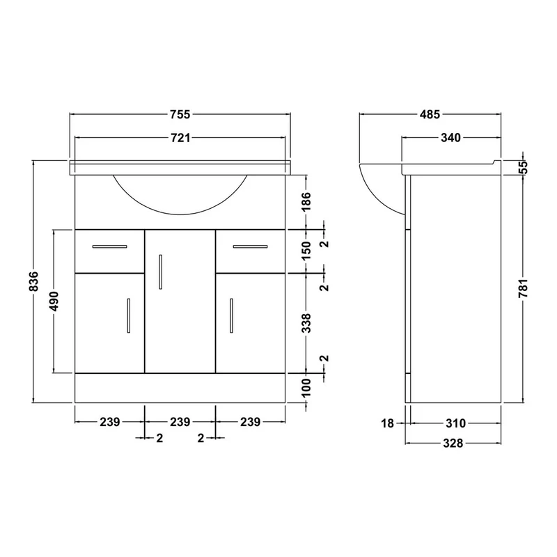 Nuie Mayford 750 x 330mm Floor Standing Vanity Unit With 3 Doors, 2 Drawers & Ceramic Basin - Gloss White