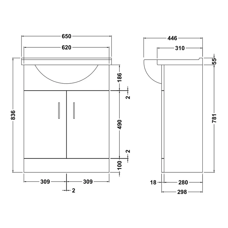 Nuie Mayford 650 x 300mm Floor Standing Vanity Unit With 2 Doors & Ceramic Basin - Gloss White