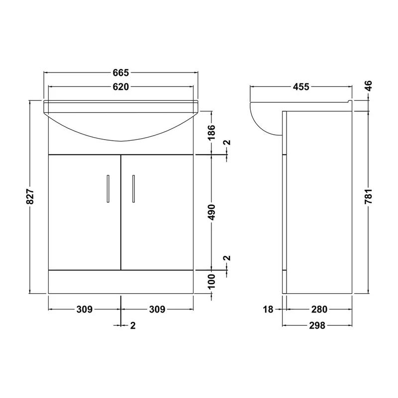 Nuie Mayford 650 x 300mm Floor Standing Vanity Unit With 2 Doors & Ceramic Basin - Gloss White