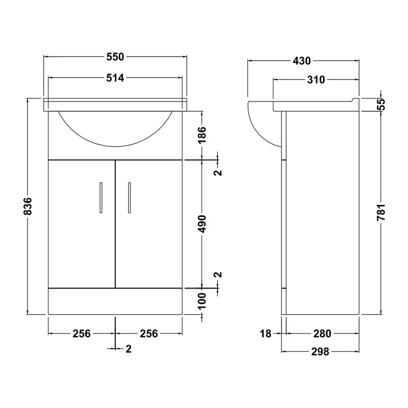 Nuie Mayford 550 x 300mm Floor Standing Vanity Unit With 2 Doors & Ceramic Basin - Gloss White