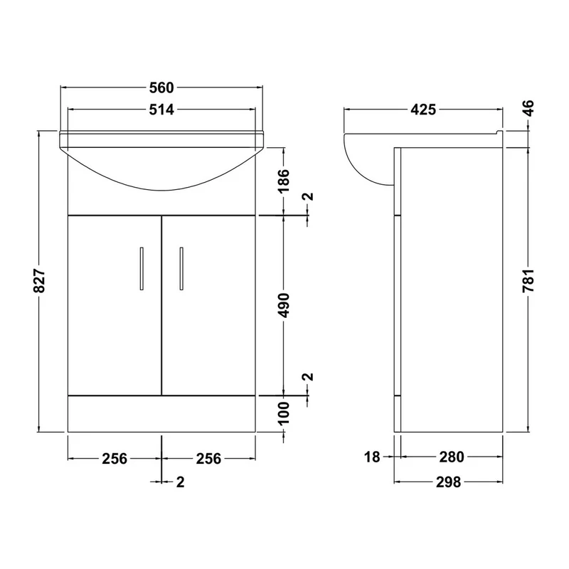 Nuie Mayford 550 x 300mm Floor Standing Vanity Unit With 2 Doors & Ceramic Basin - Gloss White