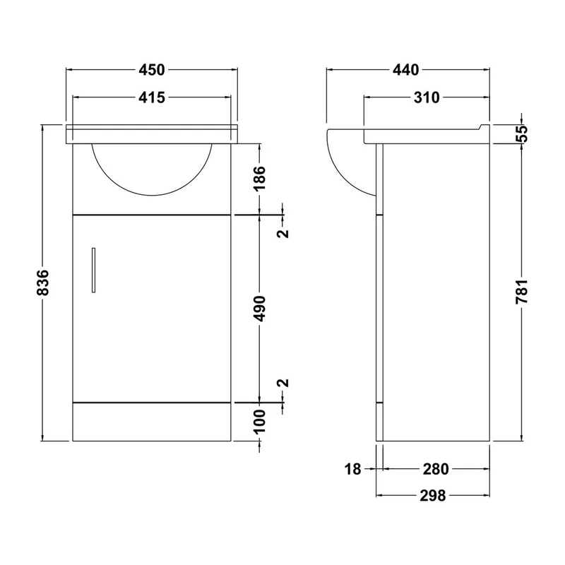 Nuie Mayford 450 x 300mm Floor Standing Vanity Unit With 1 Door & Ceramic Basin - Gloss White
