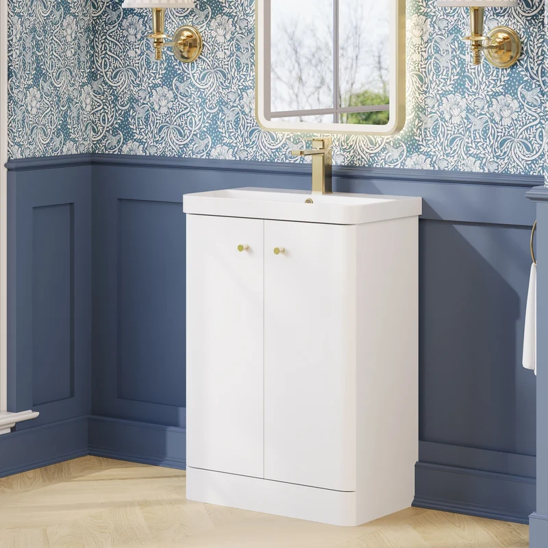 Core 600 x 335mm Floor Standing Cloakroom Vanity Unit With 2 Doors & Ceramic Basin - Gloss White