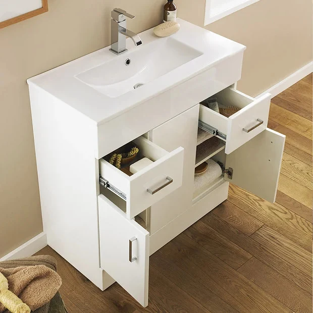 Nuie Eden 1010 x 390mm Floor Standing Vanity Unit With 3 Doors, 2 Drawers & Ceramic Basin - Gloss White